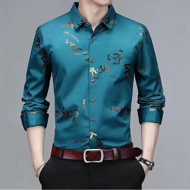 Áo sơ mi nam dài tay in hoa Hàn Quốc Áo sơ mi công sở lụa Áo sơ mi công sở trang trọng