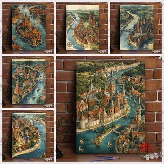 MOZI✨30*40cm/40*50cm tranh tô màu theo số lâu đài thành phố, phong cảnh Trung Cổ, cuộn kỹ thuật số, DIY sơn màu, trang trí