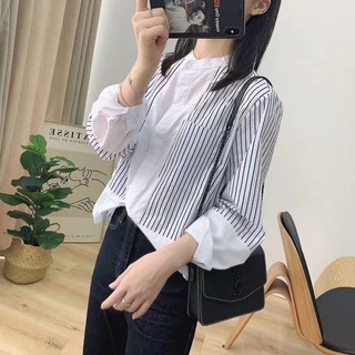 Phong Cách Hàn Quốc Nữ Nữ Sọc Dài Tay Áo Sơ Mi Baju Baju Wanita Lengan Panjang Hàng Mới Sẵn Có