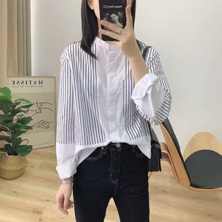 Phong Cách Hàn Quốc Nữ Nữ Sọc Dài Tay Áo Sơ Mi Baju Baju Wanita Lengan Panjang Hàng Mới Sẵn Có