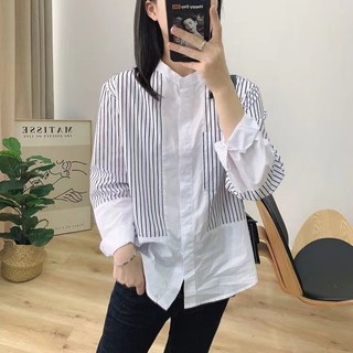 Phong Cách Hàn Quốc Nữ Nữ Sọc Dài Tay Áo Sơ Mi Baju Baju Wanita Lengan Panjang Hàng Mới Sẵn Có