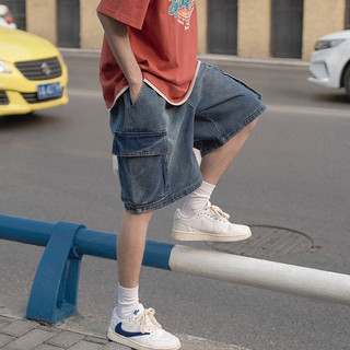 Quần Short Denim Dáng Rộng Phối Túi Lớn Phong Cách Retro Mỹ Cao Cấp Cho Nam