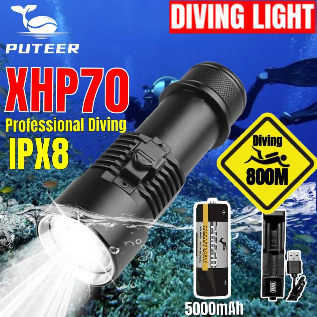 Đèn pin lặn chuyên nghiệp LED, chống nước IPX8, dùng cho lặn biển sâu 800m