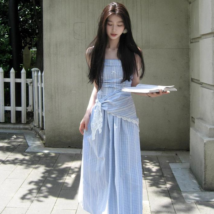 Thời Trang Pháp Kẻ Sọc Xanh Ống Top Váy Dài Nữ Slim-fit Hẹp Cổ Một Dây Không Tay Ren Khâu Giữa-
