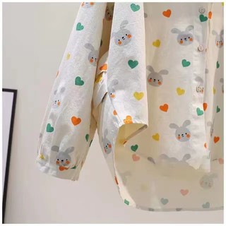 Phong Cách Hàn Quốc Nữ Nữ Rời Hoạt Hình Dễ Thương In Hình Thỏ Quá Khổ Baggy Áo Sơ Mi Tay Dài Áo Baju Baju Wanita Lengan Panjang Hàng Mới Sẵn Có