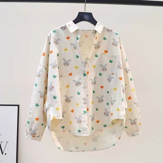 Phong Cách Hàn Quốc Nữ Nữ Rời Hoạt Hình Dễ Thương In Hình Thỏ Quá Khổ Baggy Áo Sơ Mi Tay Dài Áo Baju Baju Wanita Lengan Panjang Hàng Mới Sẵn Có