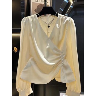 Phong Cách Hàn Quốc Nữ Slim Xếp Ly Không Đều Áo Sơ Mi Dài Tay Áo Baju Baju Wanita Lengan Panjang