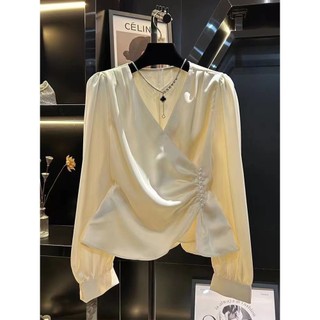 Phong Cách Hàn Quốc Nữ Slim Xếp Ly Không Đều Áo Sơ Mi Dài Tay Áo Baju Baju Wanita Lengan Panjang