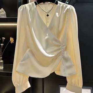 Phong Cách Hàn Quốc Nữ Slim Xếp Ly Không Đều Áo Sơ Mi Dài Tay Áo Baju Baju Wanita Lengan Panjang