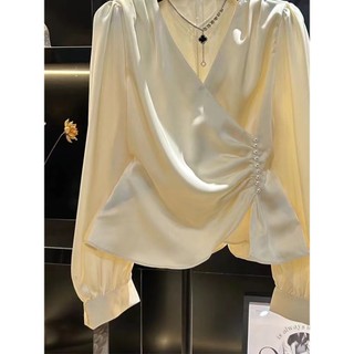 Phong Cách Hàn Quốc Nữ Slim Xếp Ly Không Đều Áo Sơ Mi Dài Tay Áo Baju Baju Wanita Lengan Panjang