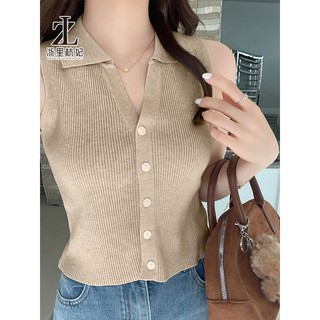 ZHELIHANGFEI Áo len dệt kim cổ POLO treo áo vest ngoài cho nữ mùa hè sang trọng băng lụa áo không tay hàng đầu