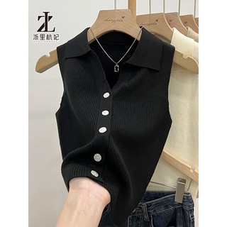ZHELIHANGFEI Áo len dệt kim cổ POLO treo áo vest ngoài cho nữ mùa hè sang trọng băng lụa áo không tay hàng đầu