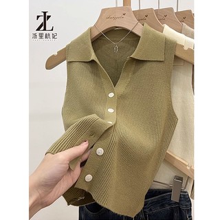 ZHELIHANGFEI Áo len dệt kim cổ POLO treo áo vest ngoài cho nữ mùa hè sang trọng băng lụa áo không tay hàng đầu