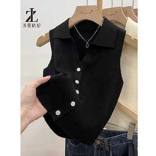 ZHELIHANGFEI Áo len dệt kim cổ POLO treo áo vest ngoài cho nữ mùa hè sang trọng băng lụa áo không tay hàng đầu