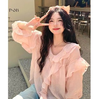 Phong Cách Hàn Quốc Nữ Nữ Voan Ruffle Áo Sơ Mi Tay Dài Áo Baju Baju Wanita Lengan Panjang
