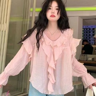 Phong Cách Hàn Quốc Nữ Nữ Voan Ruffle Áo Sơ Mi Tay Dài Áo Baju Baju Wanita Lengan Panjang