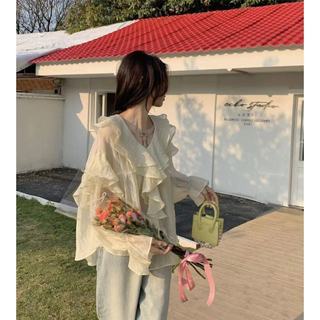 Phong Cách Hàn Quốc Nữ Nữ Voan Ruffle Áo Sơ Mi Tay Dài Áo Baju Baju Wanita Lengan Panjang