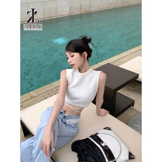 ZHELIHANGFEI Mùa hè gợi cảm mỏng cổ tròn buộc dây quần áo nữ dệt kim Crop Tank Top