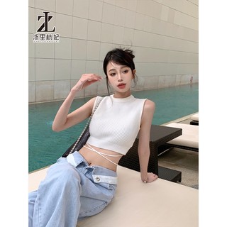 ZHELIHANGFEI Mùa hè gợi cảm mỏng cổ tròn buộc dây quần áo nữ dệt kim Crop Tank Top