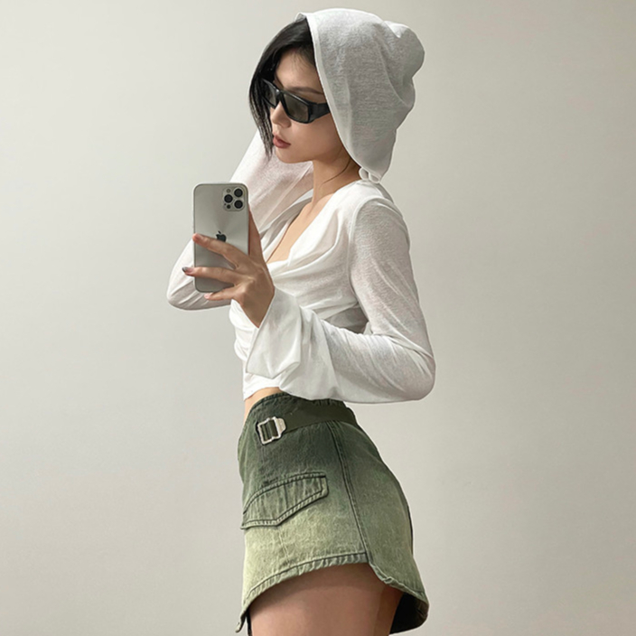 Áo thun có mũ trùm đầu mùa hè Phong cách mới Slim-fit Áo thun gợi cảm crop mặt trời ngắn