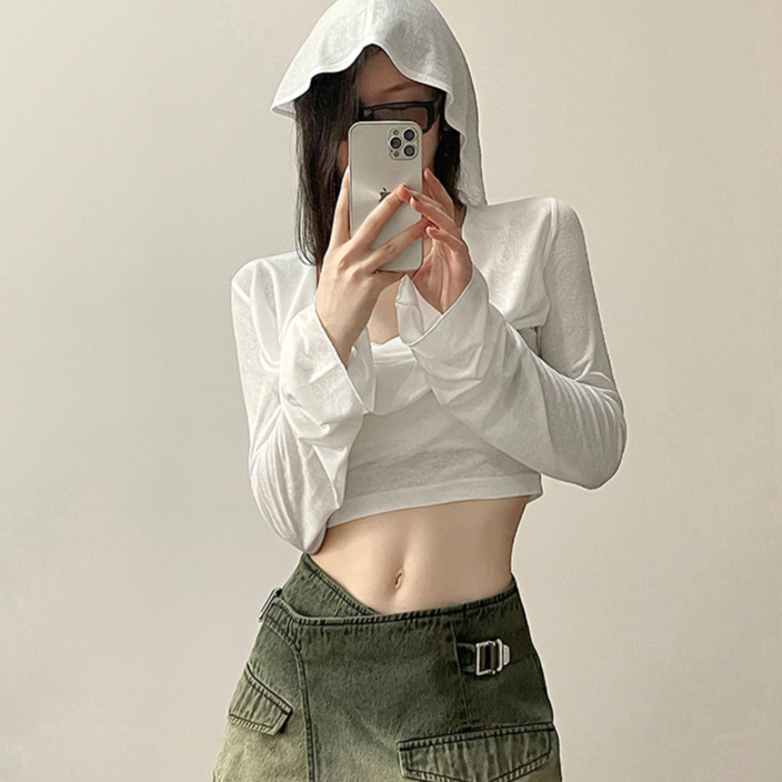 Áo thun có mũ trùm đầu mùa hè Phong cách mới Slim-fit Áo thun gợi cảm crop mặt trời ngắn