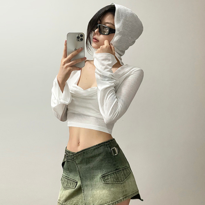 Áo thun có mũ trùm đầu mùa hè Phong cách mới Slim-fit Áo thun gợi cảm crop mặt trời ngắn