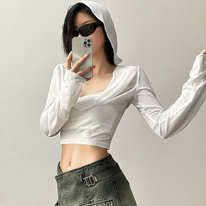 Áo thun có mũ trùm đầu mùa hè Phong cách mới Slim-fit Áo thun gợi cảm crop mặt trời ngắn