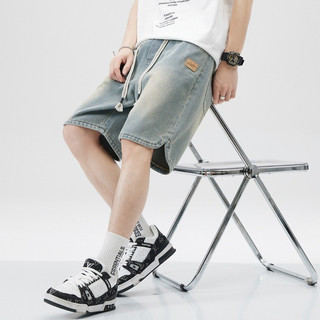 Quần short denim nam ESEA dáng rộng kiểu Mỹ giản dị chất lượng cao phong cách trung tính quần short họa tiết bầu trời đầy sao