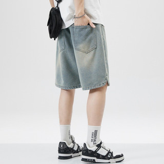 Quần short denim nam ESEA dáng rộng kiểu Mỹ giản dị chất lượng cao phong cách trung tính quần short họa tiết bầu trời đầy sao