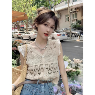 ZHELIHANGFEI Dệt Kim Cổ Chữ V Ren Khâu Bay Tay Móc Rỗng Không Tay Áo Vest Top