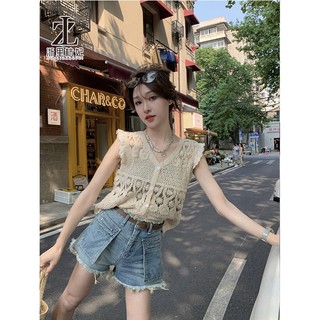 ZHELIHANGFEI Dệt Kim Cổ Chữ V Ren Khâu Bay Tay Móc Rỗng Không Tay Áo Vest Top