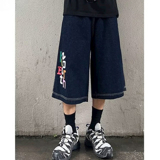 Quần short denim nam ESEA American retro dáng rộng giản dị chất lượng cao phong cách trung tính nhiều màu sắc in chữ quần short bảo hộ lao động