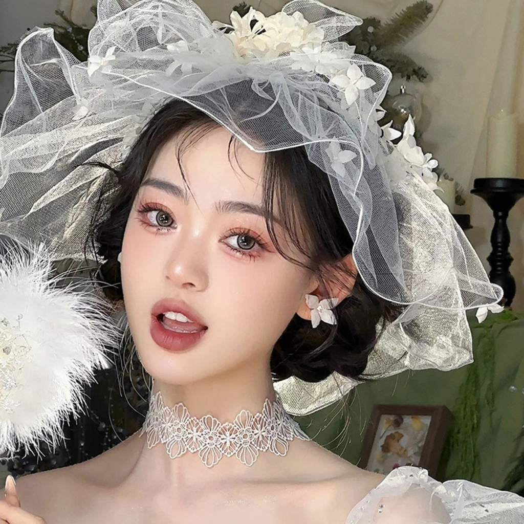 Mũ đội đầu cô dâu hoa trắng cá nhân, thiết kế mũ và khăn che mặt, khăn choàng đám cưới cô dâu
