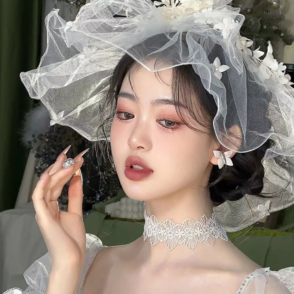 Mũ đội đầu cô dâu hoa trắng cá nhân, thiết kế mũ và khăn che mặt, khăn choàng đám cưới cô dâu