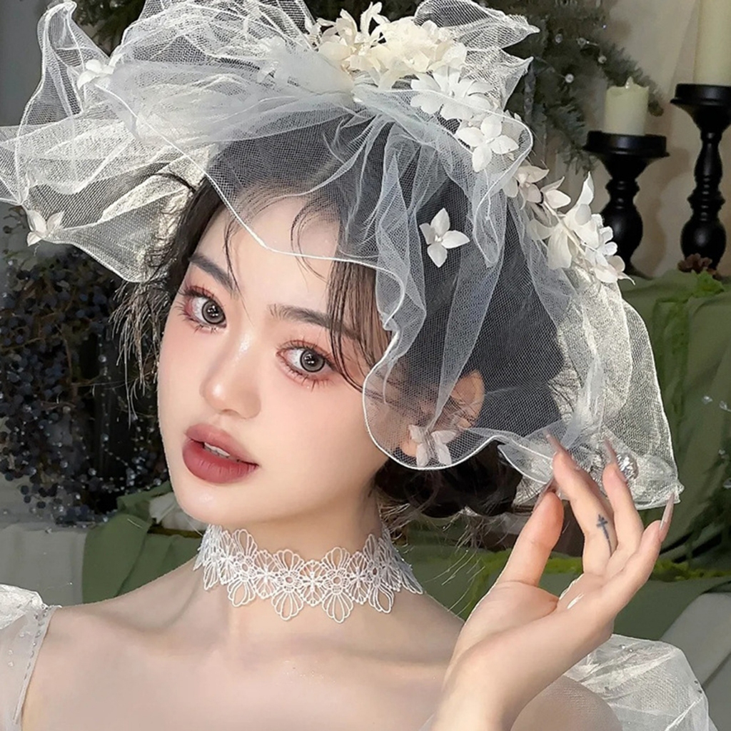 Mũ đội đầu cô dâu hoa trắng cá nhân, thiết kế mũ và khăn che mặt, khăn choàng đám cưới cô dâu
