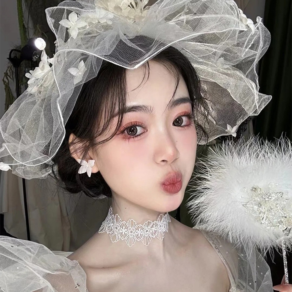 Mũ đội đầu cô dâu hoa trắng cá nhân, thiết kế mũ và khăn che mặt, khăn choàng đám cưới cô dâu