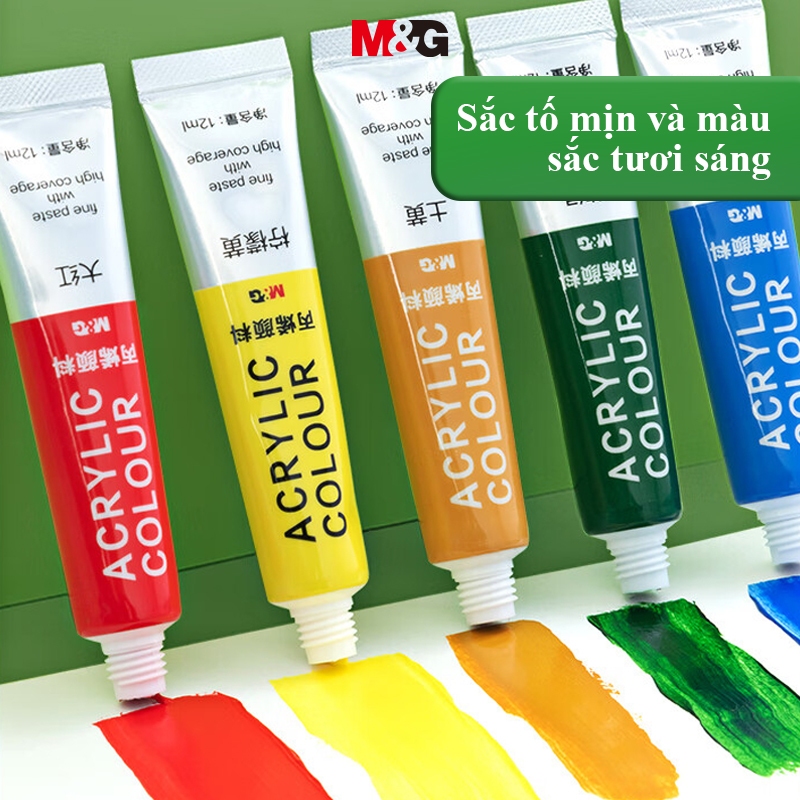 Bộ Màu Acrylic Dạng Tuýp M&G 12/24 Màu 5/12ml Chống Thấm Nước Khô Nhanh Không Phai Màu Tặng Kèm Cọ Vẽ
