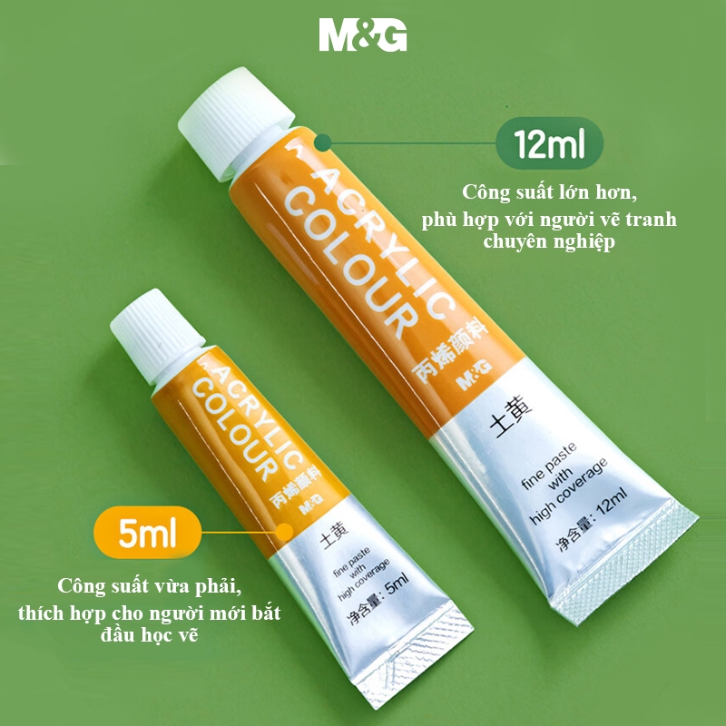 Bộ Màu Acrylic Dạng Tuýp M&G 12/24 Màu 5/12ml Chống Thấm Nước Khô Nhanh Không Phai Màu Tặng Kèm Cọ Vẽ