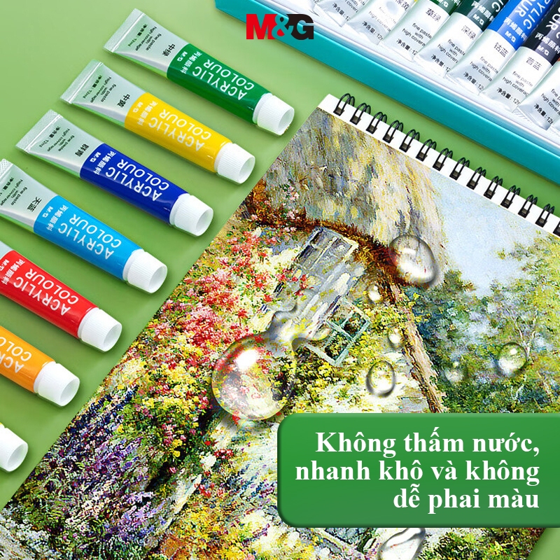 Bộ Màu Acrylic Dạng Tuýp M&G 12/24 Màu 5/12ml Chống Thấm Nước Khô Nhanh Không Phai Màu Tặng Kèm Cọ Vẽ