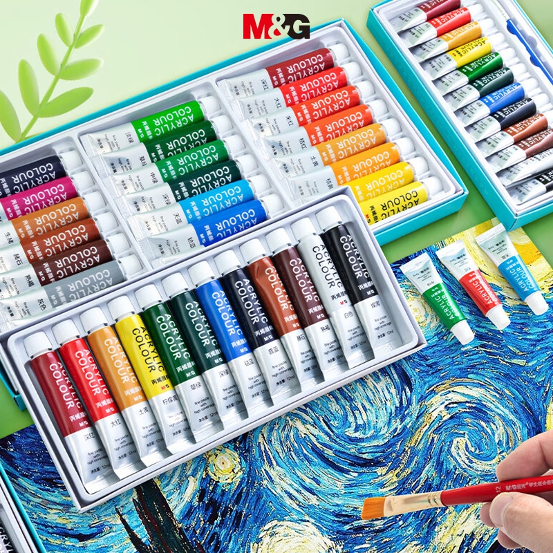 Bộ Màu Acrylic Dạng Tuýp M&G 12/24 Màu 5/12ml Chống Thấm Nước Khô Nhanh Không Phai Màu Tặng Kèm Cọ Vẽ