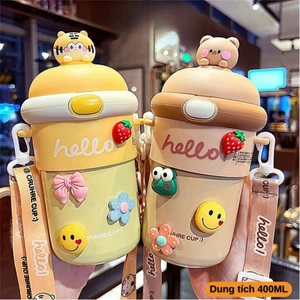 Bình nước thủy tinh bọc nhựa giữ nhiệt 500ml có ống hút dây đeo tiện lợi, nắp thú dễ thương