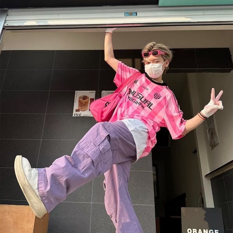 ThaliaWisp Áo thun nam mùa hè Hàn Quốc cổ điển đường phố cao cấp hip-hop sọc dáng rộng giản dị cổ tròn áo thun ngắn tay