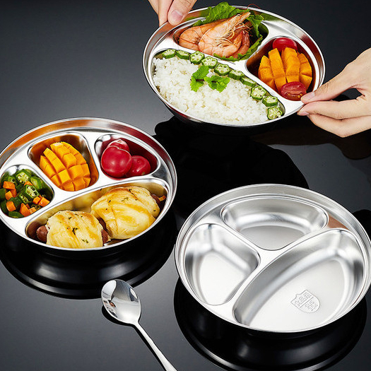 Thép không gỉ 304 Đĩa ăn tròn Lưới Đĩa thức ăn nhanh Tấm lưới Tấm định lượng Tấm lưới tròn 211 Tấm lưới giảm cân Đĩa ăn tối cho trẻ em Hộp cơm trưa