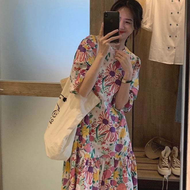 Đầm tay phồng mùa hè Phong cách mới Đầm khí chất hoa bên bờ biển Phong cách ngày lễ Kích thước lớn Đầm dài