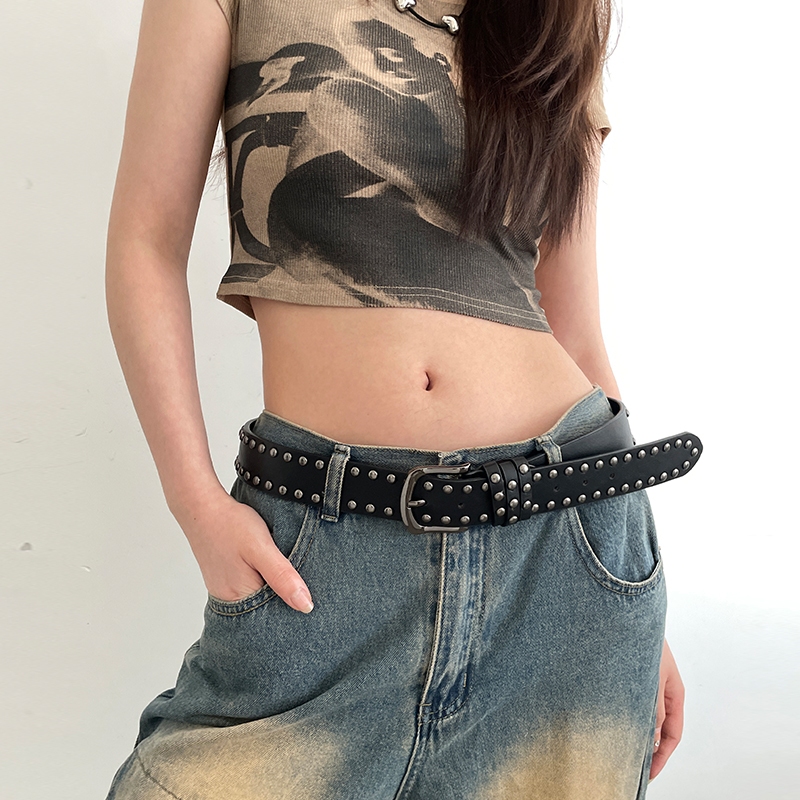 Thắt lưng đinh tán Punk cổ điển Hàn Quốc thời trang nữ màu đen
