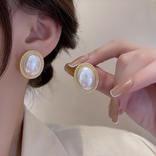 Pháp Retro Hepburn Phong Cách Baroque Bông Tai Ngọc Trai Hình Bầu Dục Nữ