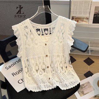 ZHELIHANGFEI Pháp Móc Rỗng Dệt Kim Nữ Sling Bên Ngoài Cardigan Bay Tay Áo Vest Hai Mảnh Phù Hợp Với