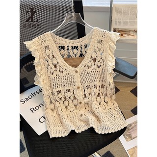 ZHELIHANGFEI Pháp Móc Rỗng Dệt Kim Nữ Sling Bên Ngoài Cardigan Bay Tay Áo Vest Hai Mảnh Phù Hợp Với