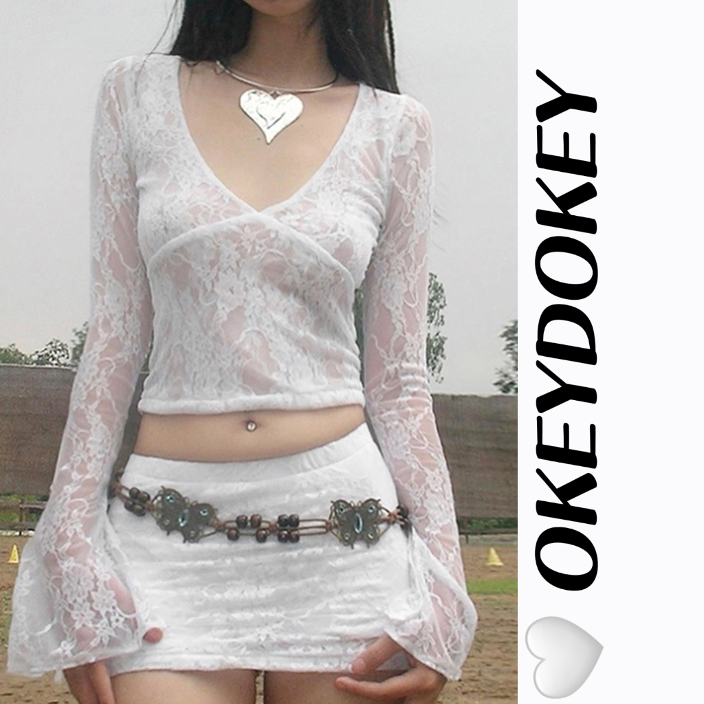 Áo Crop Top Ren Xuyên Thấu Cổ V Dài Tay Thời Trang Đường Phố Cá Tính Dành Cho Nữ Odokey
