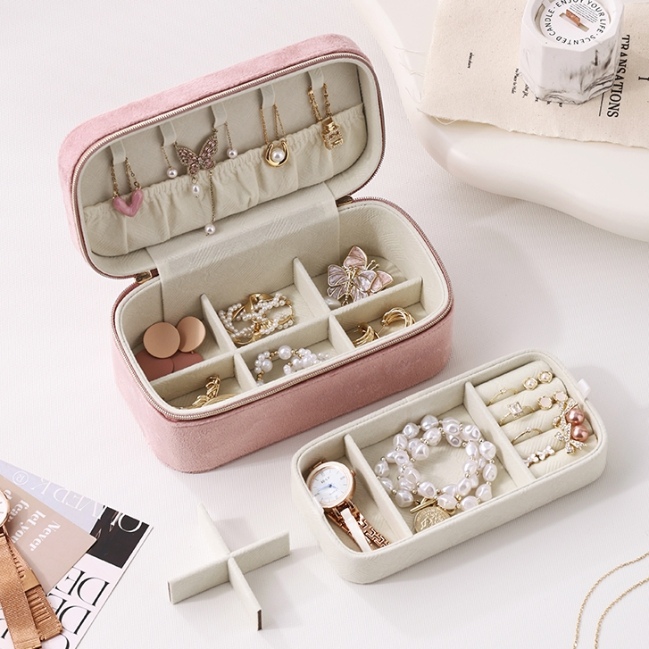 Casegrace Nhung Hộp Trang Sức Du Lịch Hộp Đựng Trang Sức 2 Lớp Khay Đựng Trang Sức Người Tổ Chức Di Động Bông Tai Đa Năng Vòng Cổ Hộp Bảo Quản Cho Các Phụ Kiện Lớn Hơn